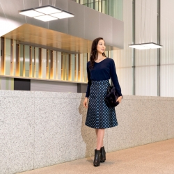 Ms. Arine Koen is a very beautiful & elegant Japanese & Asian beauty fashion model, she is 173 cm, she is tall and slender, she is wearing blue women's clothing.