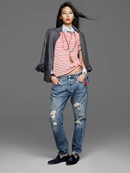 Ms. Mira Nagase is wearing a denim jacket, red and white striped shirt shirt, jeans, black shoes, she is a Japanese & Asian tall fashion model, runway model (catwalk model), her height is 179 cm, she is a tall, slender model.