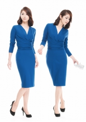 Ms. Keina Ashikubo is wearing a blue dress, she is standing, this is a photo edited to make her into two people, she is a Japanese & Asian mature beauty fashion model, her height is 170 cm, she is very slim and beautiful, elegant.