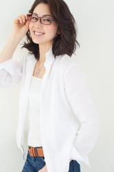 Ms. Keina Ashikubo is wearing a white blouse, jeans, glasses, she is a Japanese & Asian mature beauty fashion model, her height is 170 cm, she is very slender and beautiful, elegant.