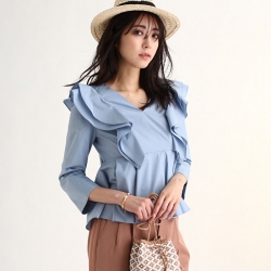 Ms. Fuyuka Shikadate is wearing a light blue long-sleeved blouse, brown pants, straw hat, she holds a small bag in her hand, her height is 171 cm and she is tall, she is a Japanese & Asian mature female fashion model.