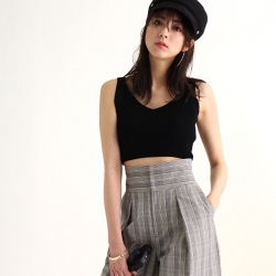 Ms. Fuyuka Shikadate is wearing black short-sleeved blouse and gray pants, her height is 171 cm and she is tall, she is a Japanese & Asian mature female fashion model.