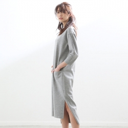 Ms. Fuyuka Shikadate is wearing a gray dress, her height is 171 cm and she is tall, she is a Japanese & Asian mature female fashion model.