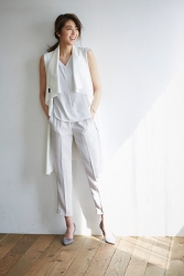 Ms. Fuyuka Shikadate is wearing white clothes on both upper and lower body, her height is 171 cm and she is tall, she is a Japanese & Asian mature female fashion model.