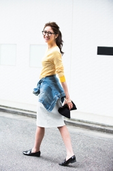 Ms. Fuyuka Shikadate is wearing a yellow blouse and white skirt, she is walking on the sidewalk, her height is 171 cm and she is tall, she is a Japanese & Asian mature female fashion model.