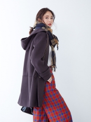 Ms. Hikane Doki is wearing a purple coat and red plaid trousers with a scarf around her neck, she is a Japanese & Asian beautiful fashion model.