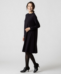 Ms. Namiri Ishiba is wearing a black long-sleeved dress, she is standing in black leather shoes, she is a Japanese & Asian beautiful and elegant mature female fashion model.