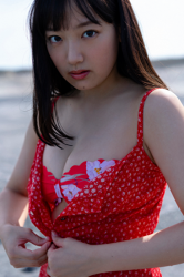 Ms. Fuuwa Sakakura is wearing a red bikini swimsuit and a red dress, she is a beautiful and cute young gravure idol (bikini model, gravure idol, swimwear model) from Japan, her bust is 83cm and she has beautiful breasts.