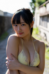 Ms. Fuuwa Sakakura is wearing a yellow bikini swimsuit, she is a beautiful and cute young gravure idol (bikini model, pin-up model, swimsuit model) from Japan, her bust is 83cm, she has beautiful breasts.
