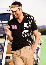 Mr. Rodrigue Takise is wearing black polo shirt and brown trousers, he is on the golf course, he is a half Japanese half French handsome mixed-race male model.