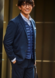 Mr. Takaatsu Sakurahaba is wearing blue clothes, he is standing, he wears glasses, he is a handsome Japanese & Asian actor, fashion male model.