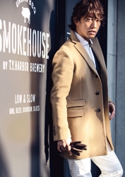 Mr. Takaatsu Sakurahaba wears a beige coat, he is a handsome Japanese & Asian actor, fashion male model.