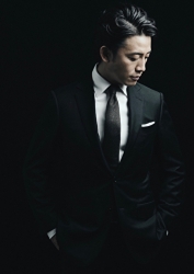 Mr. Takaatsu Sakurahaba is wearing a black suit, he is a handsome Japanese & Asian actor, fashion male model.