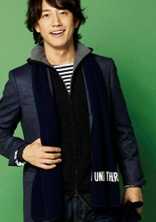 Mr. Takaatsu Sakurahaba is wearing a blue jacket and jeans, he is a handsome Japanese & Asian actor and fashion model.