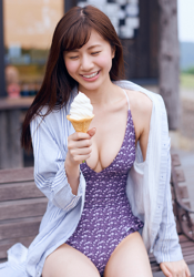 Japanese-Chinese mixed-race beauty fashion model & underwear, swimsuit model, wearing blue swimsuit･light blue shirt , staring at ice cream, her name is Ms, Ririna, her height is 172 cm and she is tall, her style is very good, she is an Asian model.