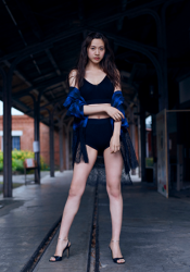 Ms. Ririna Oasa is a Japanese-Chinese mixed-race beauty fashion model, underwear model & swimsuit model, she is wearing dark blue lingerie, she was photographed when she was standing, her height is 172 cm and she is tall, her style is very good, she is an Asian model, this photo is of her whole body.