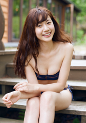Ms. Ririna Oasa is a Japanese-Chinese mixed-race beauty fashion model & underwear, swimsuit model, she is wearing a bikini swimsuit made of jeans fabric, she is sitting on the stairs in the garden, her height is 172 cm and she is tall, her style is very good, she is an Asian model.