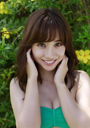 Japanese beautiful & cute model, freelance announcer, TV personality in a green bikini swimsuit, her name is Ms. Ayaka.