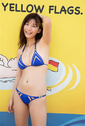 Ms. Ayuu Koichi wears a blue bikini swimsuit, she is standing, she is a beautiful Japanese & Asian big breasts TV entertainer, bikini model (gravure idol, swimwear model), actress.