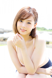 Ms. Aika's bust is 87 cm, she has large breasts, Ms. Aika is wearing a pink bra and dark blue shorts, Ms. Aika is a Japanese & Asian cute glamour underwear swimsuit model & gravure idol, she is a sexually attractive woman.