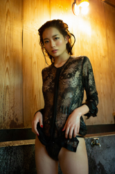 Ms. Amina Hachitsuka is a Japanese & Asian fashion model, TV personality, actress, gravure idol (bikini model, swimwear model, pin-up girl) who wears black lingerie, she is soaking wet.