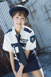 Japanese & Asian beautiful & cute swimsuit model, actress, TV celebrity is wearing a policewoman fashion, she is standing, and her name is Ms. Arian Motomiya.