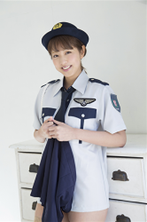 Japanese & Asian beautiful & cute gravure idol (bikini model, pin-up model), actress, TV personality has begun to take off the policewoman fashion, and her name is Ms. Arian Motomiya, she took off only the dark blue skirt.