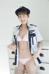 Japanese & Asian beautiful & cute gravure idol (swimwear model), actress, TV personality has begun to take off the policewoman fashion, and her pink bikini swimsuit has begun to be exposed, her name is Ms. Arian Motomiya.