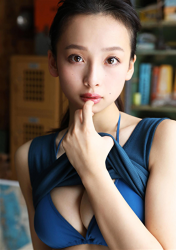 Ms. Asui Hananoi is a very slender Japanese & Asian beautiful cute young slim fashion model, bikini model (gravure idol, pin-up model, swimwear model), actress, TV personality, wearing a blue shirt, blue bikini swimsuit, with a very attractive figure.