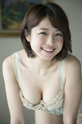 Ms. Chizuka Nakagoe is wearing light yellow-green lingerie, she is on all fours on the bed, she is a Japanese & Asian sweet and cute TV personality, swimsuit female model, actress, her bust is 88 cm, she has big breasts, beautiful breasts, she is a sexually attractive woman.