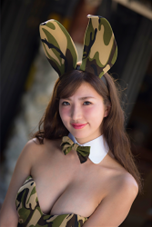 The Japanese & Asian underwear swimsuit model Ms. Eira Matsukage wears a (The motif is military uniform) bunny girl, her bust is 87 cm, she is slender and graceful, she is a Japanese & Asian sexy beauty gravure idol (swimwear model), and she is a sexually attractive woman.