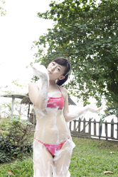Japanese & Asian mature gravure idol (swimsuit model) Ms. Emiri Iomi in a red bikini is covered with soap bubbles.