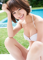 Ms. Himari Sasakabe is wearing a white bikini swimsuit, she is a beautiful, elegant and mature Japanese & Asian fashion model, TV personality and actress, she is in her 30s and she used to be an idol singer, she is sitting cross-legged by the pool.