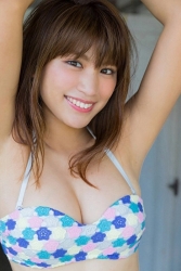 Ms. Ikuho is a Japanese & Asian beautiful and famous model, gravure idol (bikini model, swimsuit model, pin-up girl), TV personality in Japan, wearing a white/blue/pink bikini swimsuit, her bust is 83 cm, and she has beautiful breasts.