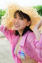 Ms. Aiko Sawashiro is wearing a straw hat and a fuchsia blouse, colorful bikini swimsuit, she is a sweet and cute young Japanese & Asian bikini model (gravure idol, swimwear model, pin-up girl), TV personality, actress, her bust is 88 cm, she has a fascinating big breasts, beautiful breasts, she is an attractive woman.