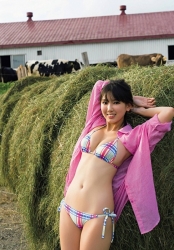 Ms. Aiko Sawashiro is wearing a fuchsia blouse, colorful bikini swimsuit, next to the hay on the pasture, she is a sweet and lovely young Japanese & Asian Bikini model (gravure idol, swimwear model, pin-up girl), TV personality, actress, her bust is 88 cm, she has a mesmerizing big breasts, beautiful breasts, she is a sexually attractive woman.