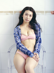 Ms. Aisui Saito is wearing a blue plaid long-sleeved shirt, pink bikini swimsuit, she is sitting on a chair, she is a beautiful and sexy Japanese & Asian gravure idol (bikini model, swimsuit model, pin-up girl), actress, her bust is 85 cm, she has beautiful breasts, she is a sexually attractive woman.