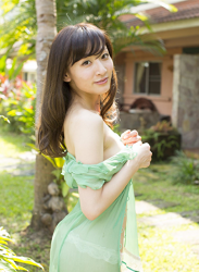 Ms. Akana Fukugawara is wearing a (translucent) green robe, she is a Japanese & Asian mature swimsuit model (bikini model, gravure idol), actress, and singer.