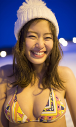 Ms. Amiri Inagawa is wearing a (yellow-centered design) bikini swimsuit, she is wearing a white hat, she is at the ski resort, she is a beautiful and lively Japanese & Asian TV personality, gravure idol, baseball lover, her bust is 86 cm, she has beautiful breasts.