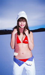 Ms. Amiri Inagawa is wearing a white hat and red bikini swimsuit and white trousers, she is on the ski resort, she is a beautiful and lively Japanese & Asian TV personality, gravure idol, and baseball lover, her bust is 86 cm, she has beautiful breasts.