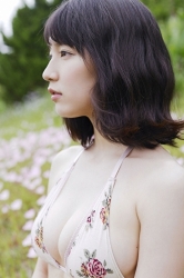 Ms. Rihoko Yoshikoshi is wearing white lingerie (with a floral pattern), she is standing on the field, she is a beautiful Japanese & Asian actress and gravure idol (bikini model, swimwear model, pin-up model), she has charming beautiful breasts.