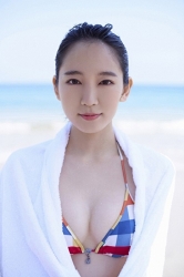 Ms. Rihoko Yoshikoshi is wearing a colorful plaid bikini swimsuit and wrapped in a white bath towel, she is a beautiful and elegant Japanese & Asian actress gravure idol (bikini model, swimsuit model, pin-up model) with charming beautiful breasts.