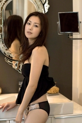 Ms. Yuuri Fuefuki is by the washbasin, she wears a black camisole and black panties, she is a Japanese & Asian intellectual, delicate and mature beauty actress & model, her title is actress, she has done a little modeling business.