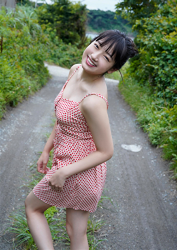 Ms. Fuuwa Sakakura is wearing a red dress and walking on the sidewalk, she is a beautiful and cute young swimsuit model (bikini model, gravure idol, swimwear model) from Japan, her bust is 83cm and she has beautiful breasts.