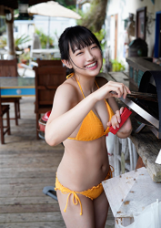 Ms. Fuuwa Sakakura is wearing a yellow bikini swimsuit, she is standing, she is a beautiful and cute young gravure idol (bikini model, pin-up model, swimsuit model) from Japan, her bust is 83cm, she has beautiful breasts.