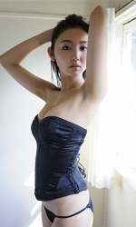 Ms. Nonomi Oie is wearing black pinched waist underwear & black panties, she is standing in the room, she is a Japanese & Asian fashion female model and TV entertainer, she used to be a gravure idol (bikini model, swimwear model), her bust is 83cm, she has beautiful breast.