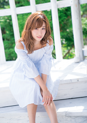 Ms. Ayaka is a very beautiful & cute Japanese & Asian model, freelance announcer, TV personality, wearing a light blue dress, she is sitting.