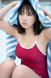 Ms. Aiko Sawashiro is wearing a red swimsuit and a horizontal blue and white stripes bath towel on her head, she is a sweet and lovely young Japanese & Asian gravure idol (bikini model, swimsuit model, pin-up girl), TV personality, actress, her bust is 88 cm, and she has fascinating big breasts, beautiful breasts, she is a sexually attractive woman.