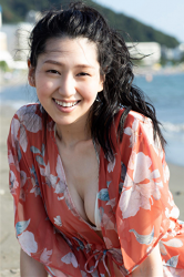 Ms. Hitoha Korekiyo is wearing a (with floral pattern) red long shirt, wearing a white bikini swimsuit, her height is 173 cm, she is tall, she is a tall beauty fashion model, TV entertainer, actress, her bust is 84 cm, she has beautiful breasts.