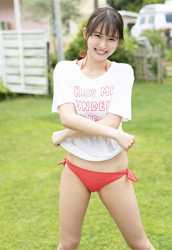 Ms. Neiro Shii wears an orange red bikini swimsuit, she's also wearing a white t-shirt now, she is a beautiful and cute young Japanese & Asian bikini model (gravure idol, swimsuit model, pin-up girl), TV personality, freelance announcer, she is standing on the lawn.